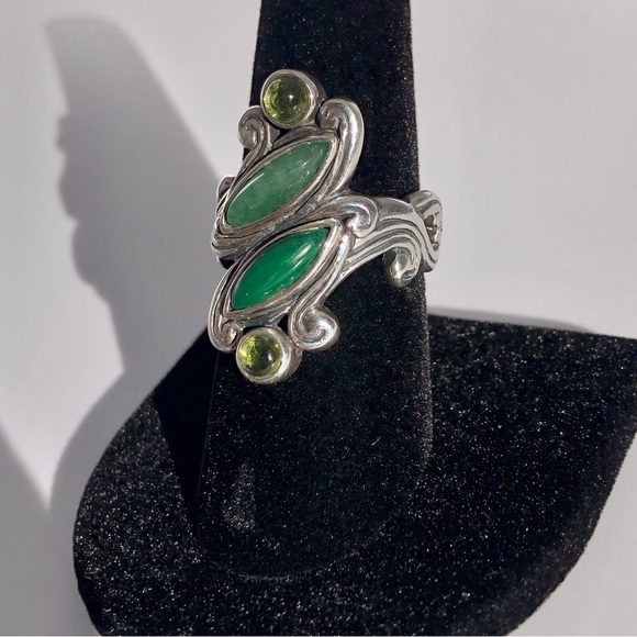 [vintage] Ornate .925 Sterling Silver Peridot, Prehnite & Malachite Ring Size 8 - Picture 4 of 16